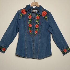 Vintage Collection Embroidered Denim Shirt with Floral Design